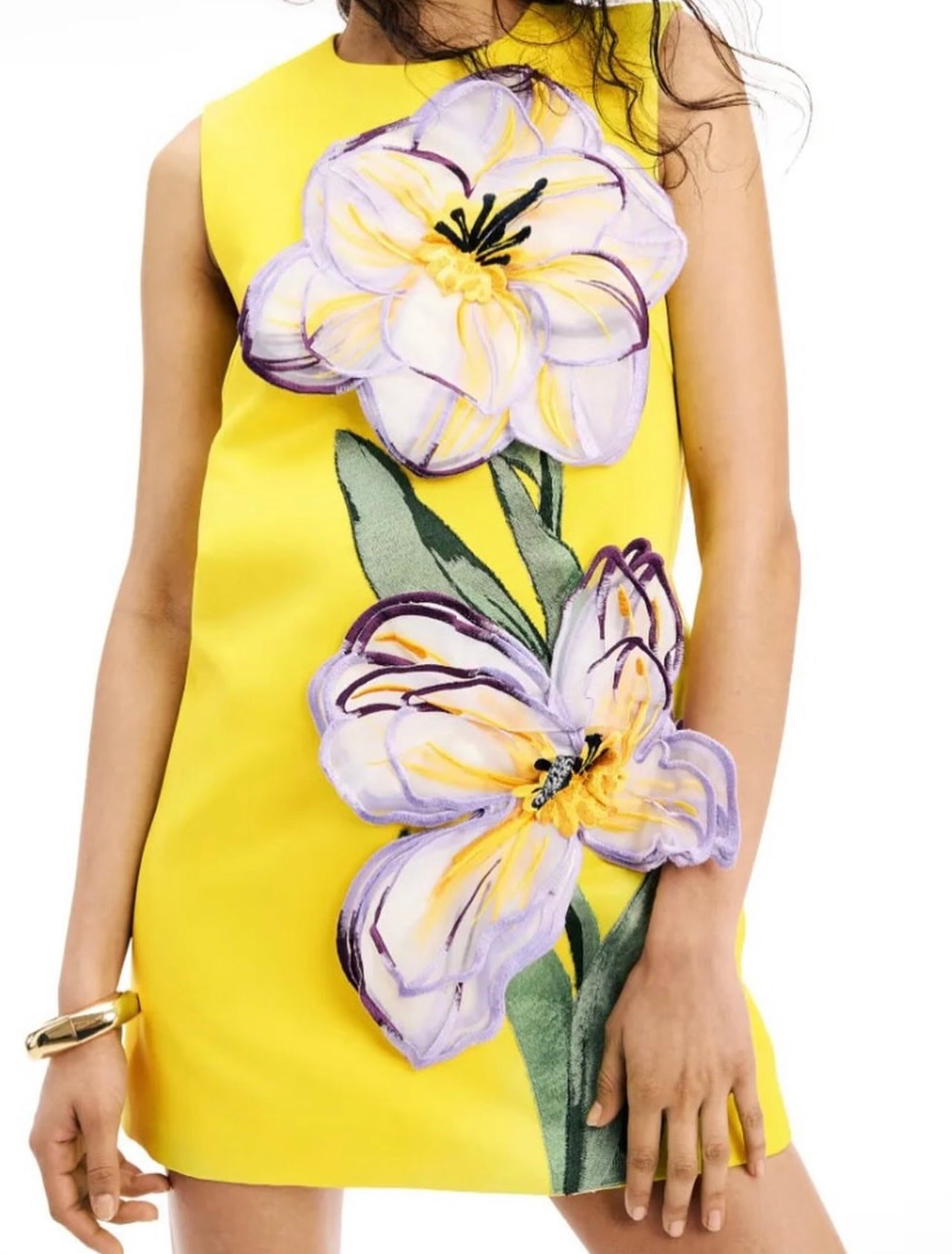 leo lin yellow dress - Grace Flutter Sleeve Midi as irises in organza are embroidered onto a bright canary yellow base. Caroline Short Sleeve Midi Dress