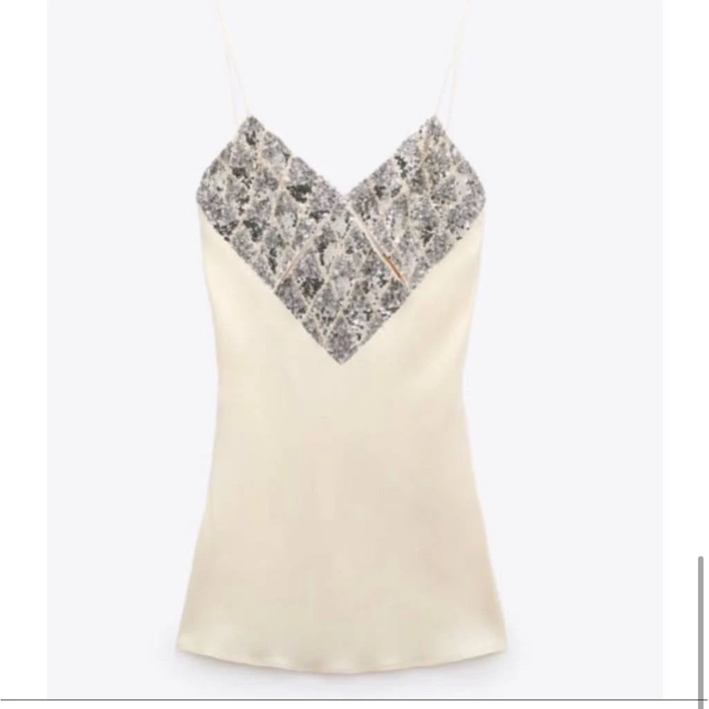 cream satin dress zara SATIN LACE SLIP DRESS - Ecru